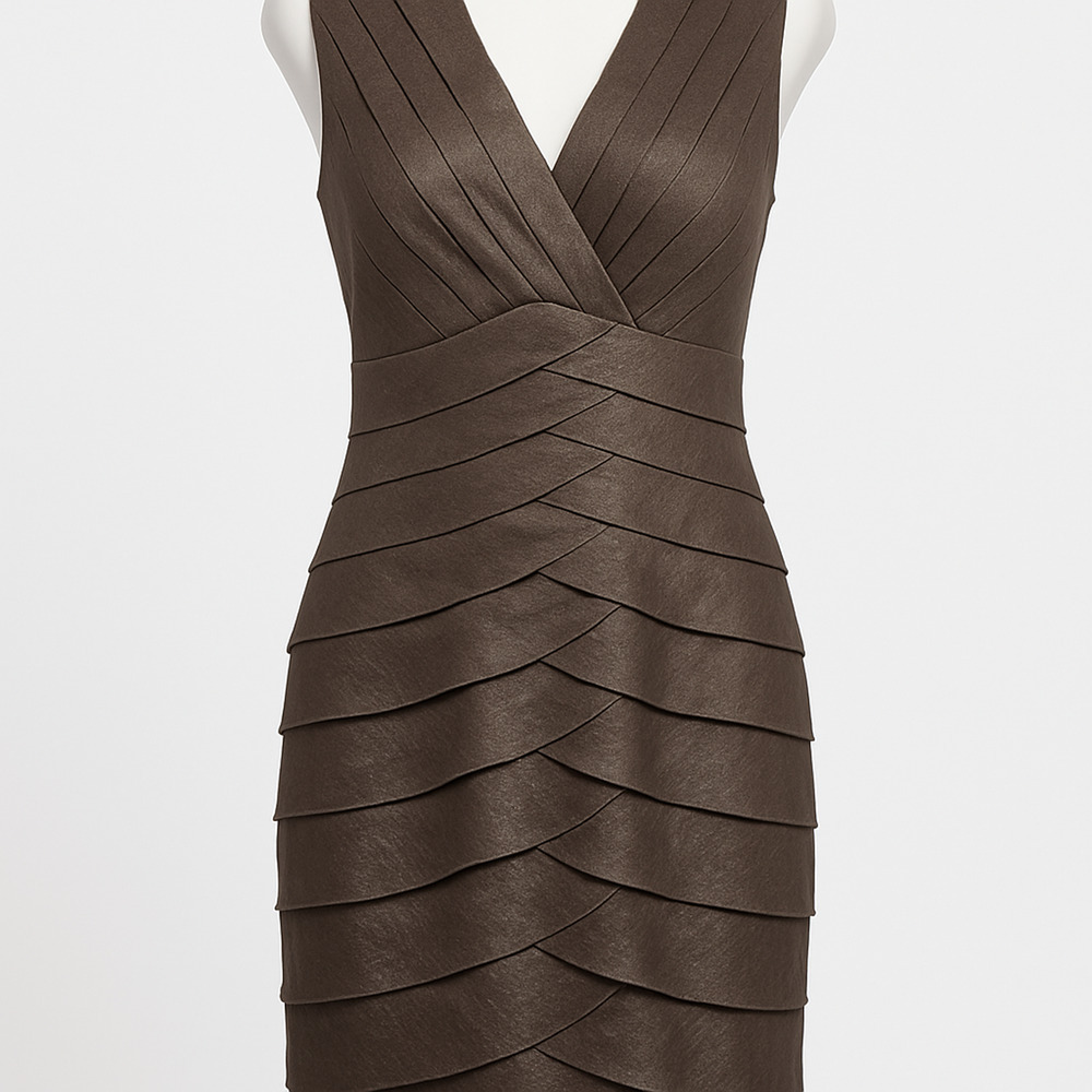 Adrianna Papell Brown Layered V‑Neck Mini Dress
